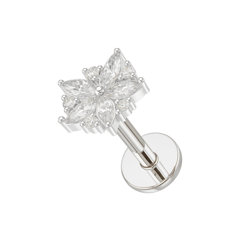 316L Surgical Steel Floral Flakes CZ Jewelled Internally Threaded Flatback Stud