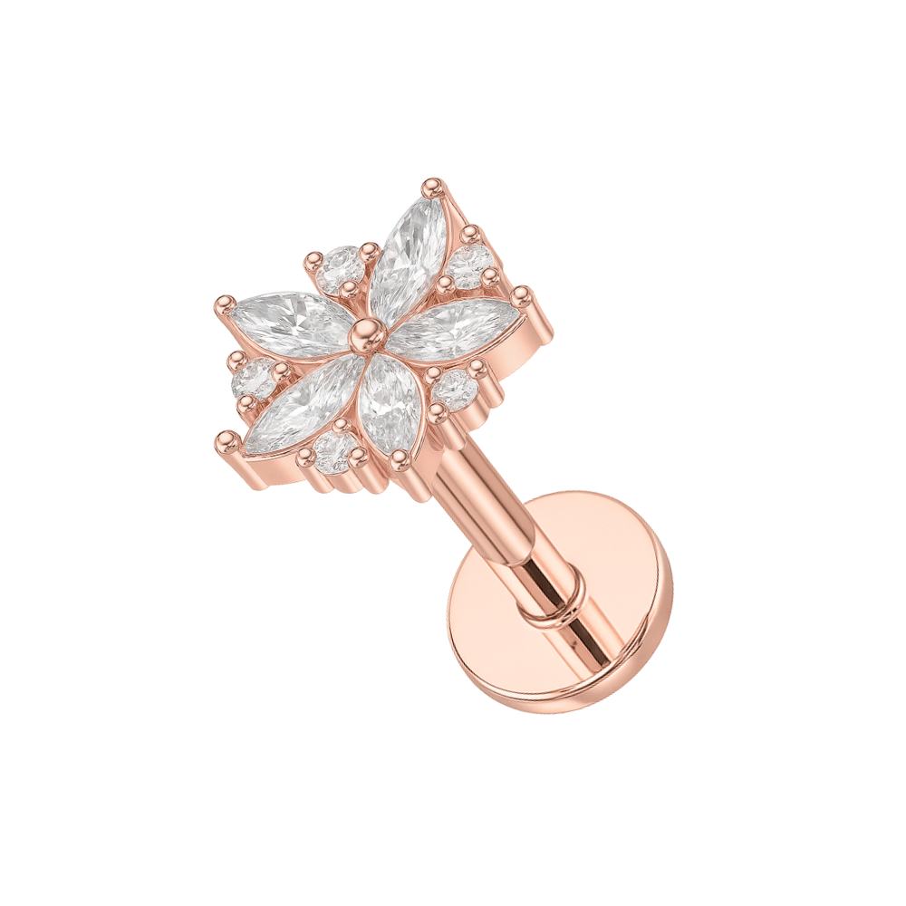 316L Surgical Steel Floral Flakes CZ Jewelled Internally Threaded Flatback Stud