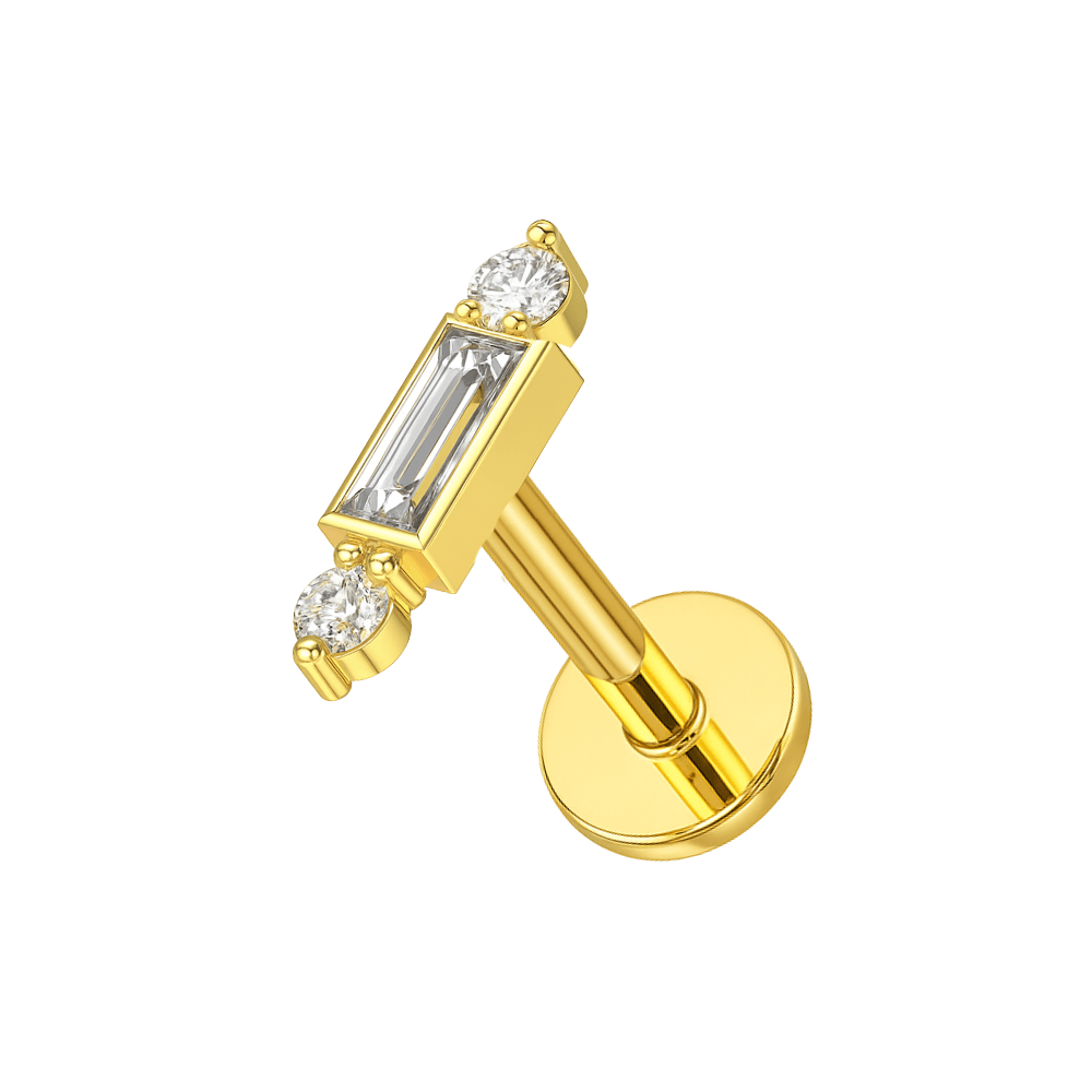316L Surgical Steel Simple Baguette CZ Jewelled Internally Threaded Flatback Stud