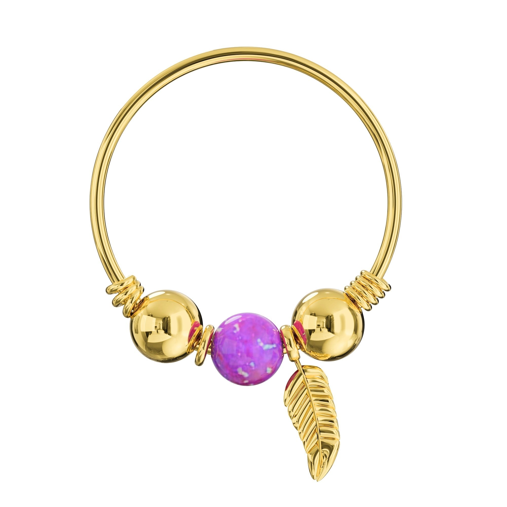 9K Gold Opal Bead and Leaf Charm Nose Hoop Ring