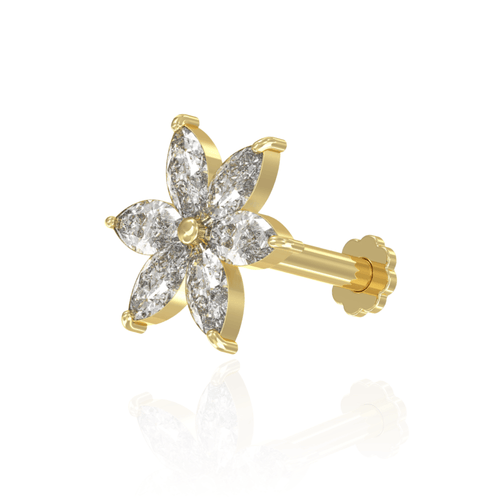 14K Gold Marquise CZ Jewelled Pentas Flower Internal Thread Labret with Flowerback Stud