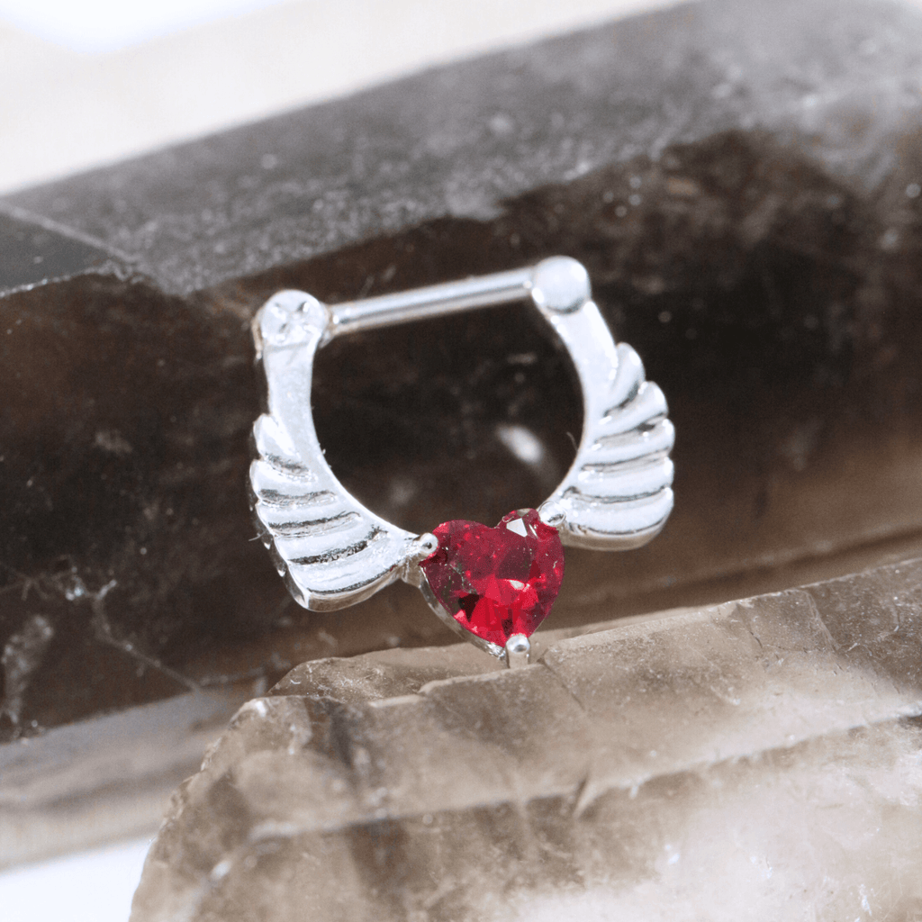 316L Surgical Steel Angel Wings with Red Heart CZ Septum Clicker