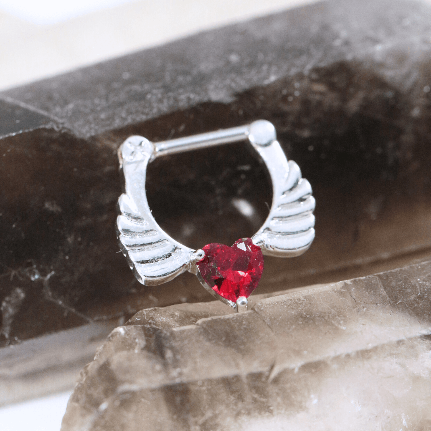 316L Surgical Steel Angel Wings with Red Heart CZ Septum Clicker