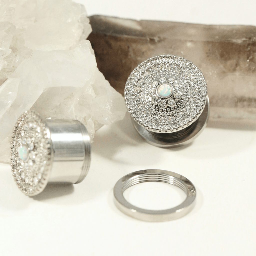 316L Surgical Steel CZ and Opal Stone Flesh Tunnel