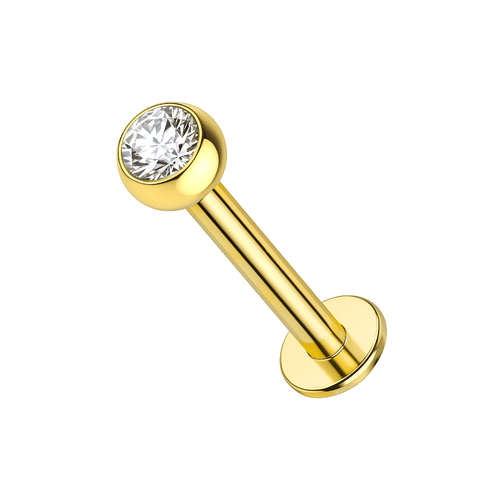 14K Gold Round CZ Jewelled Internally Threaded Labret with Flatback Stud