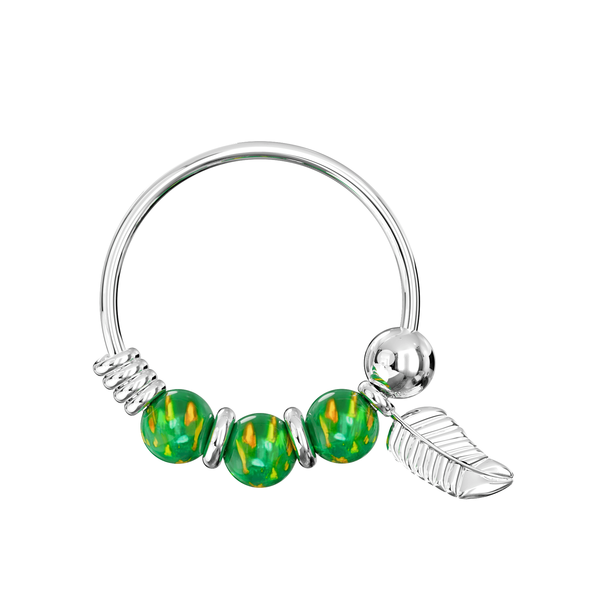 925 Sterling Silver Opal Bead with Leaf Charm Nose Hoop Ring