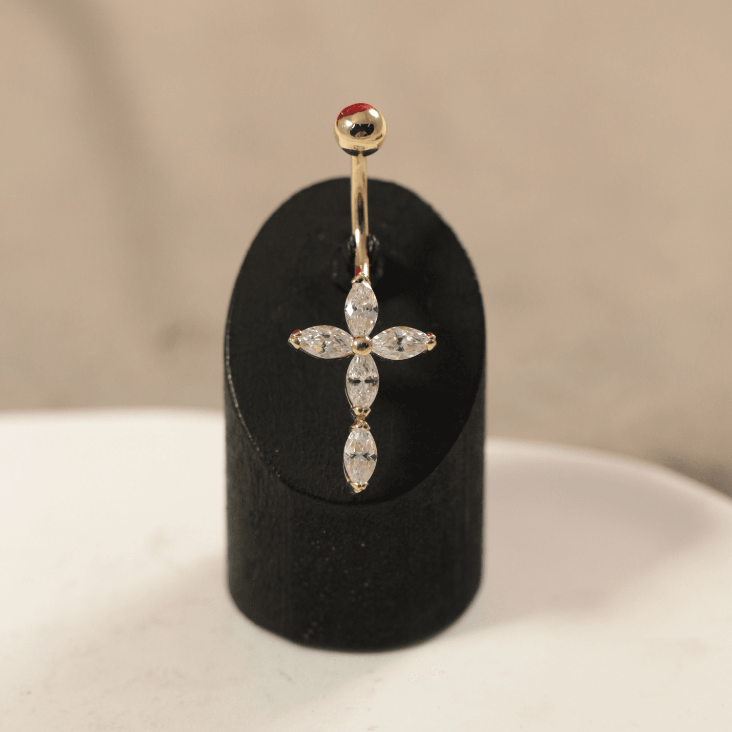 14K Gold Studded Cross Belly Ring
