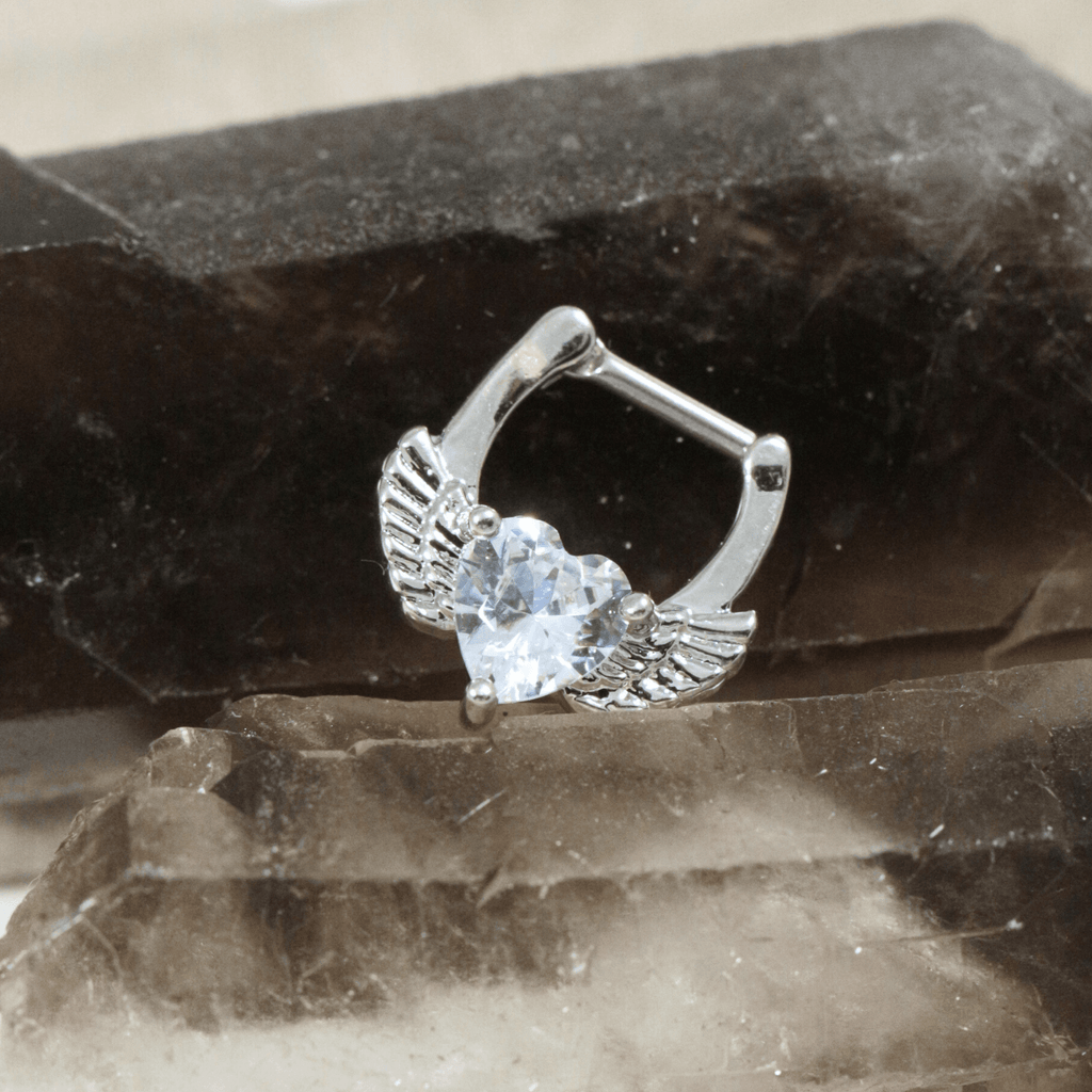316L Surgical Steel Angel Wings with Heart CZ Septum Clicker