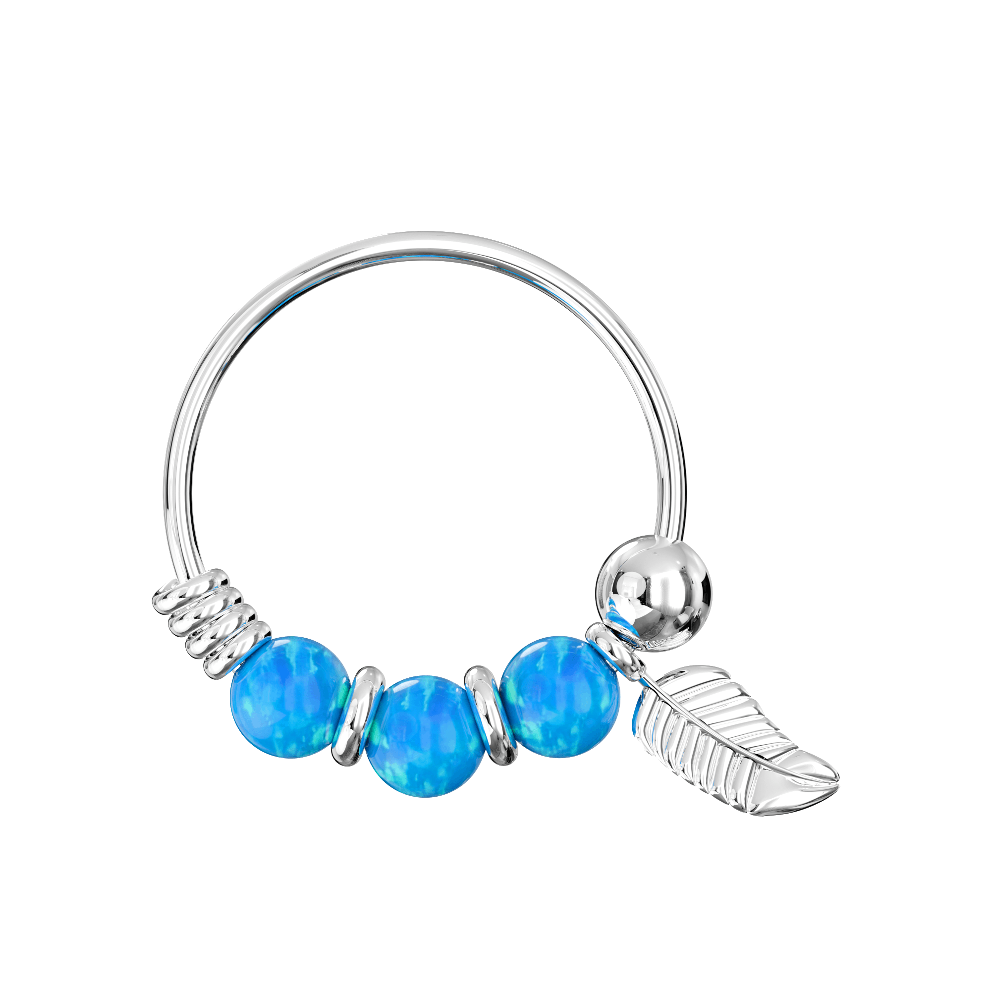 925 Sterling Silver Opal Bead with Leaf Charm Nose Hoop Ring