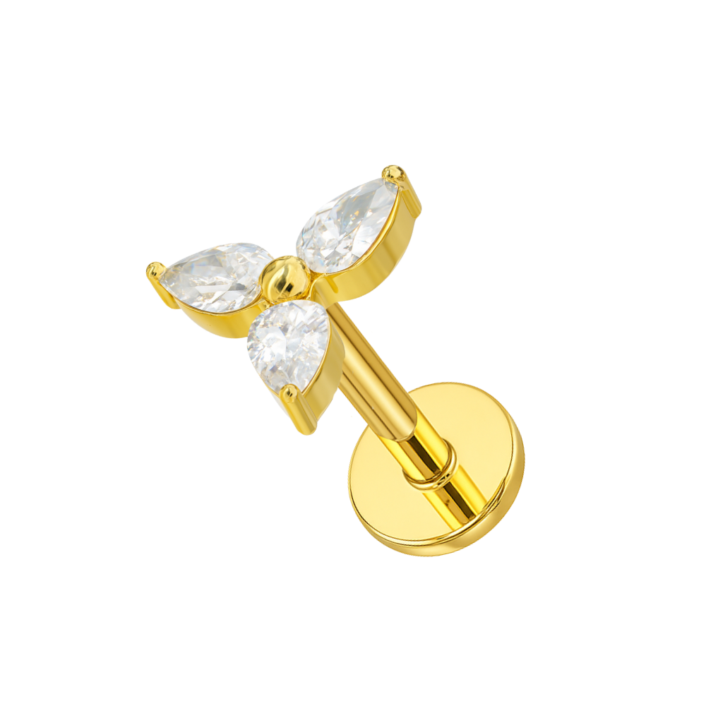 G23 Titanium Triple CZ Jewelled Flower Threadless Flatback Stud