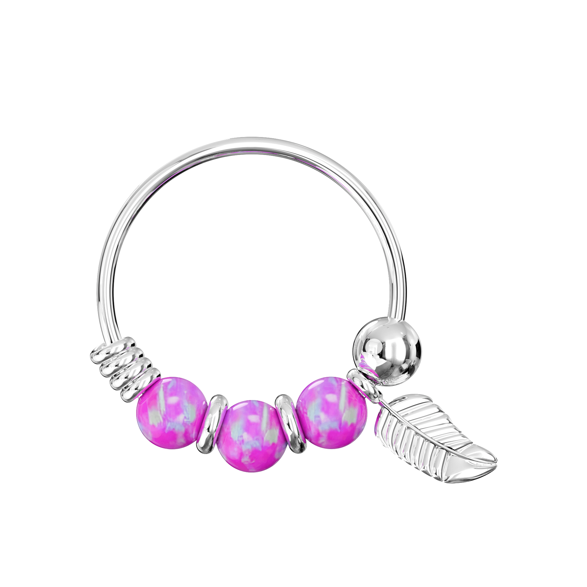 925 Sterling Silver Opal Bead with Leaf Charm Nose Hoop Ring