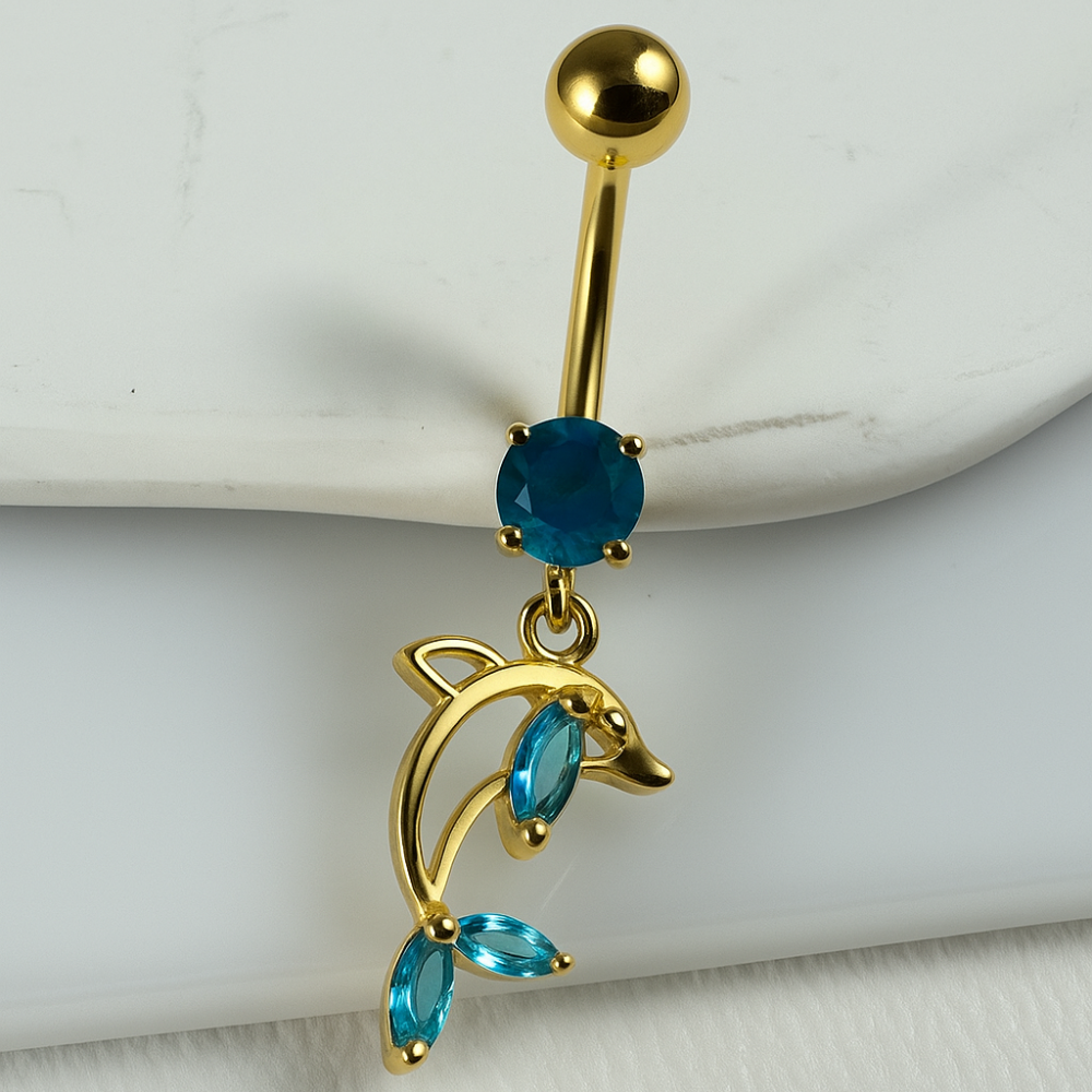925 Sterling Silver Gold Plated Dolphin Belly Ring