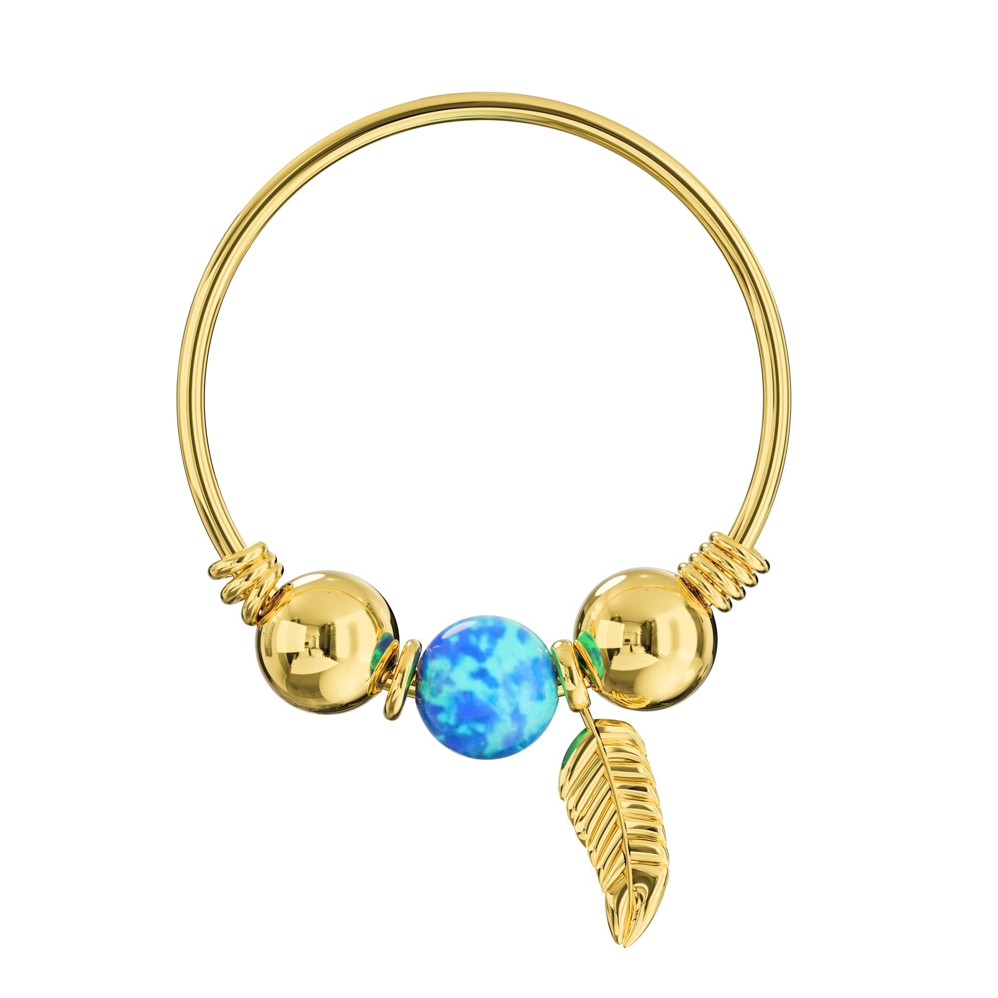 14K Gold Opal Bead with Leaf Charm Nose Hoop Ring