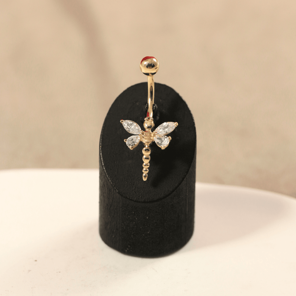 14K Gold Jewelled Dangling Dragonfly Belly Ring