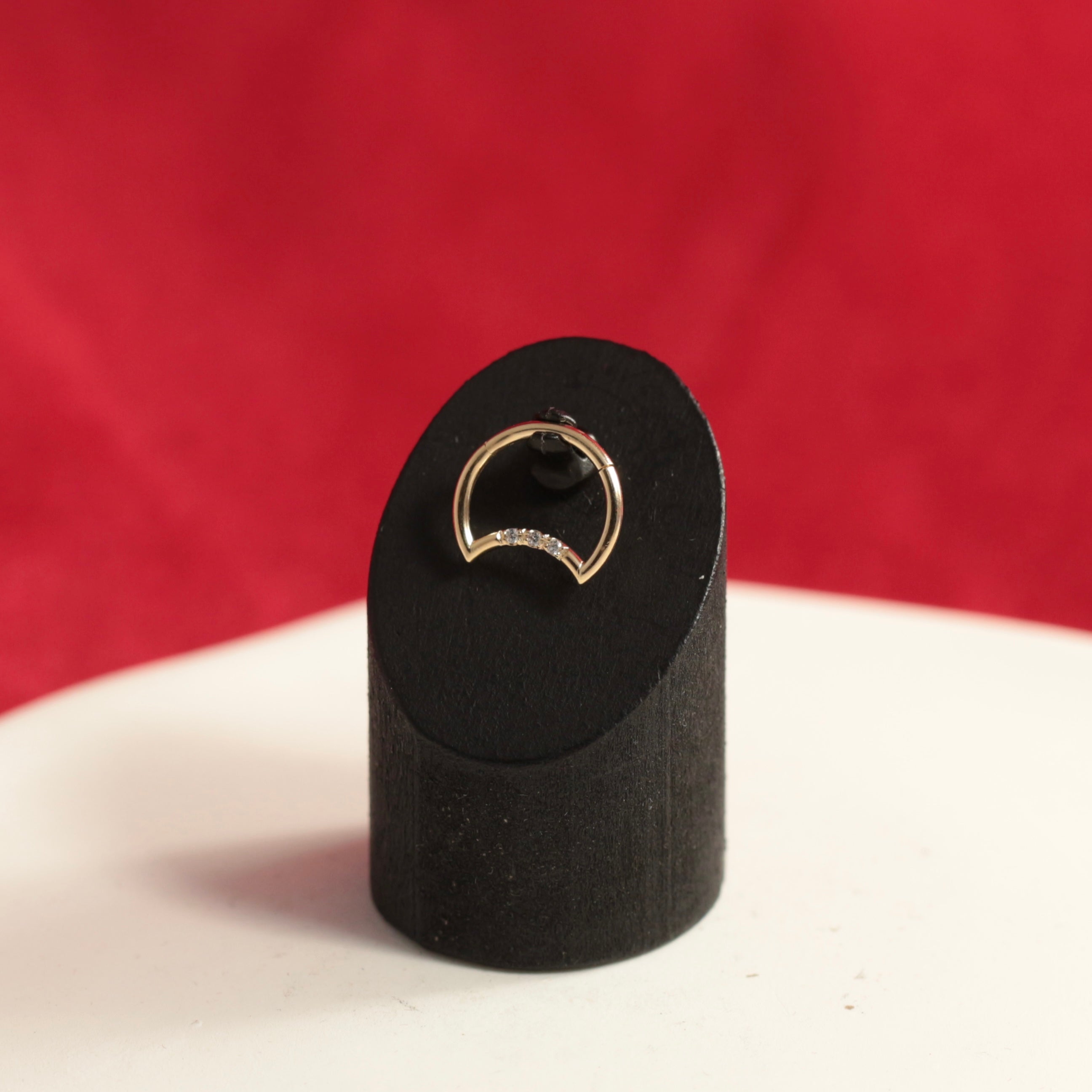 14K Gold Round CZ Jewelled Crescent Segment Clicker Ring