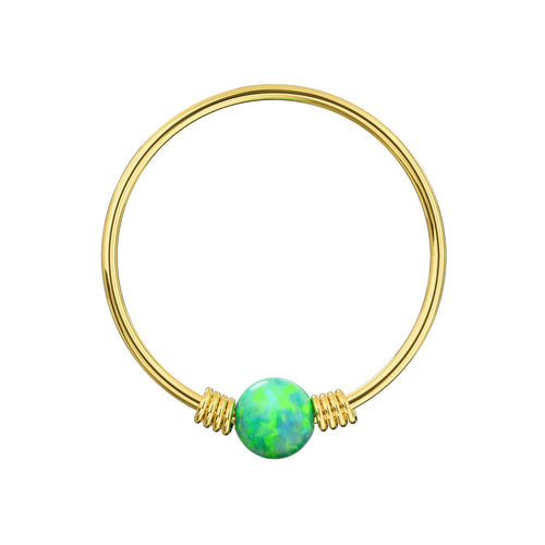 14K Gold Spring Coil-End with Opal Stone Hoop