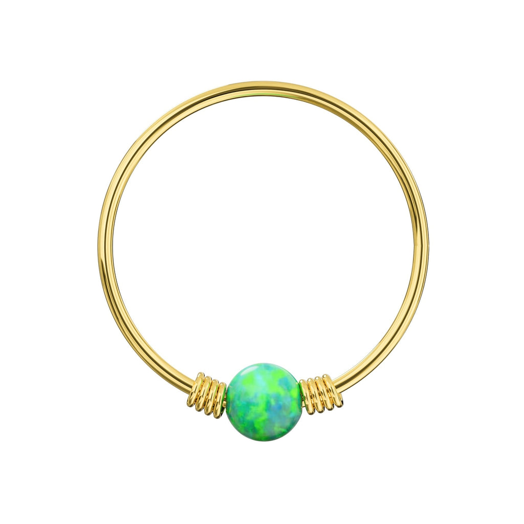 9K Gold Spring Coil-End with Opal Stone Hoop Nose Ring
