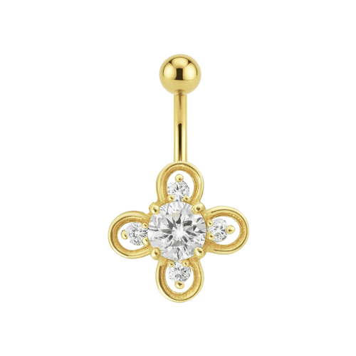 14K Gold Studded Ring Flower Belly Ring