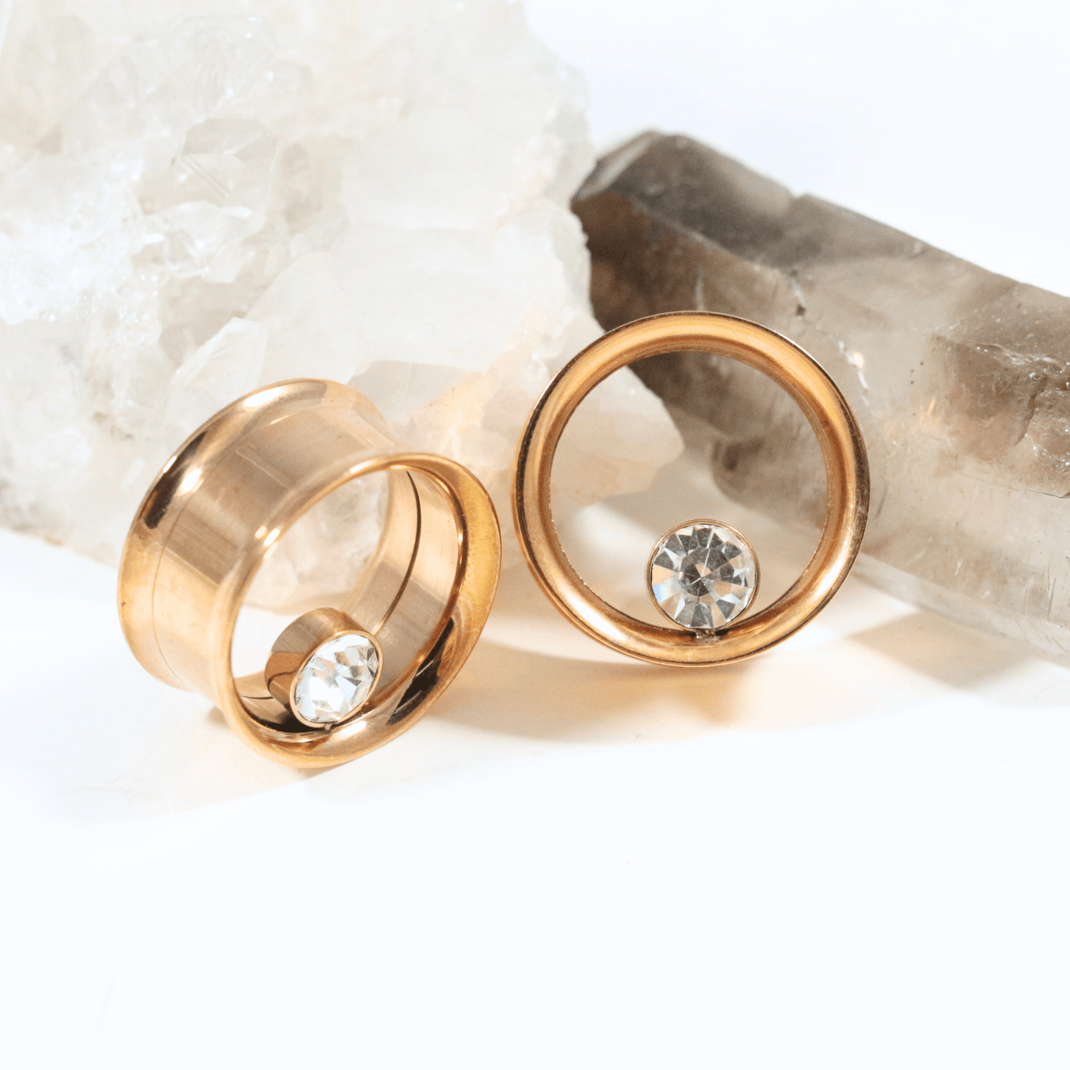 316L Surgical Steel Rose Gold Bezel Set Stone Internally Threaded Tunnel