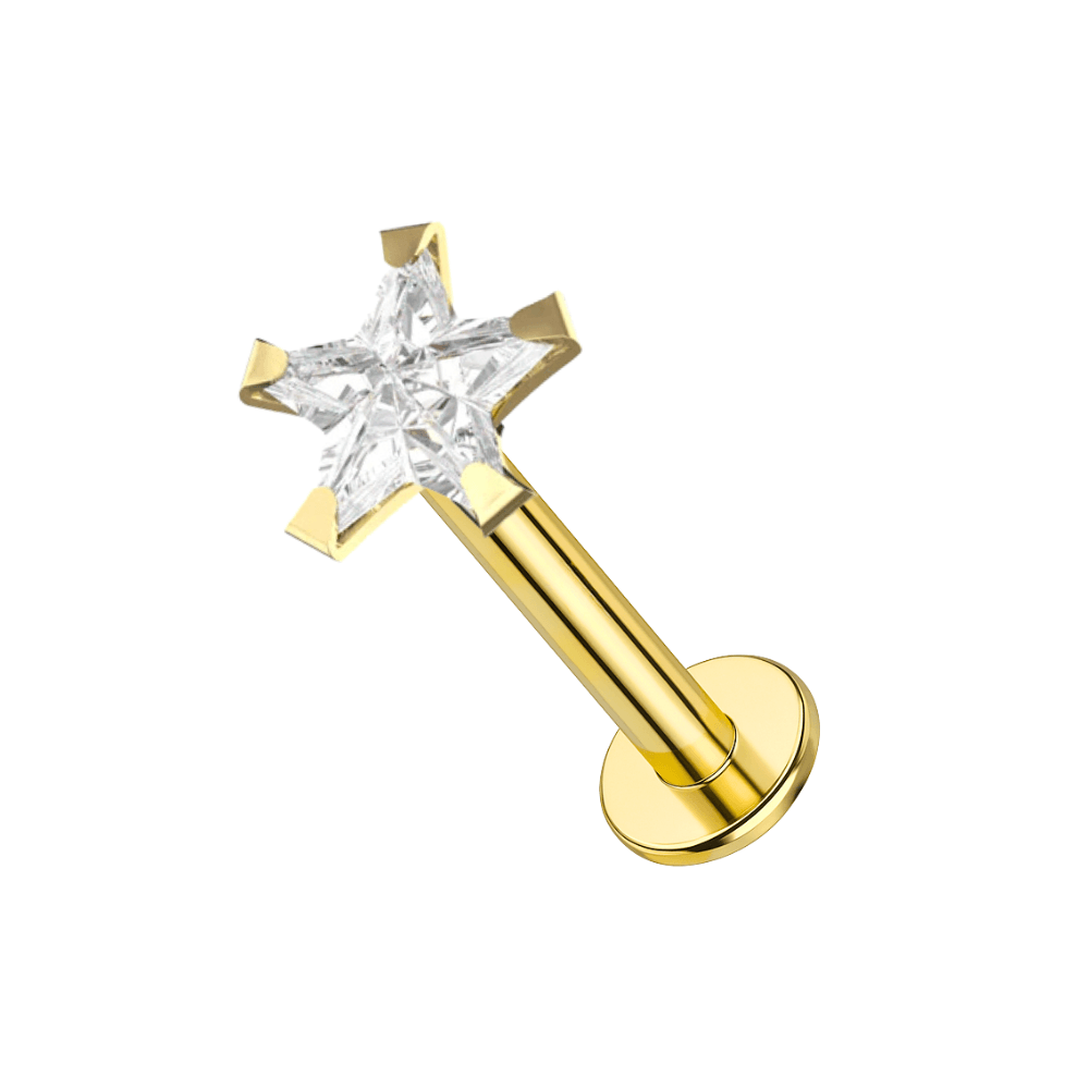 9K Gold Star Cut Cubic Zirconia Threadless Labret Stud