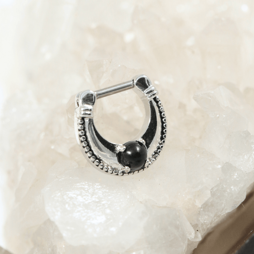 316L Surgical Steel Plain Dotted with Black Stone Jewelled Septum Clicker Ring