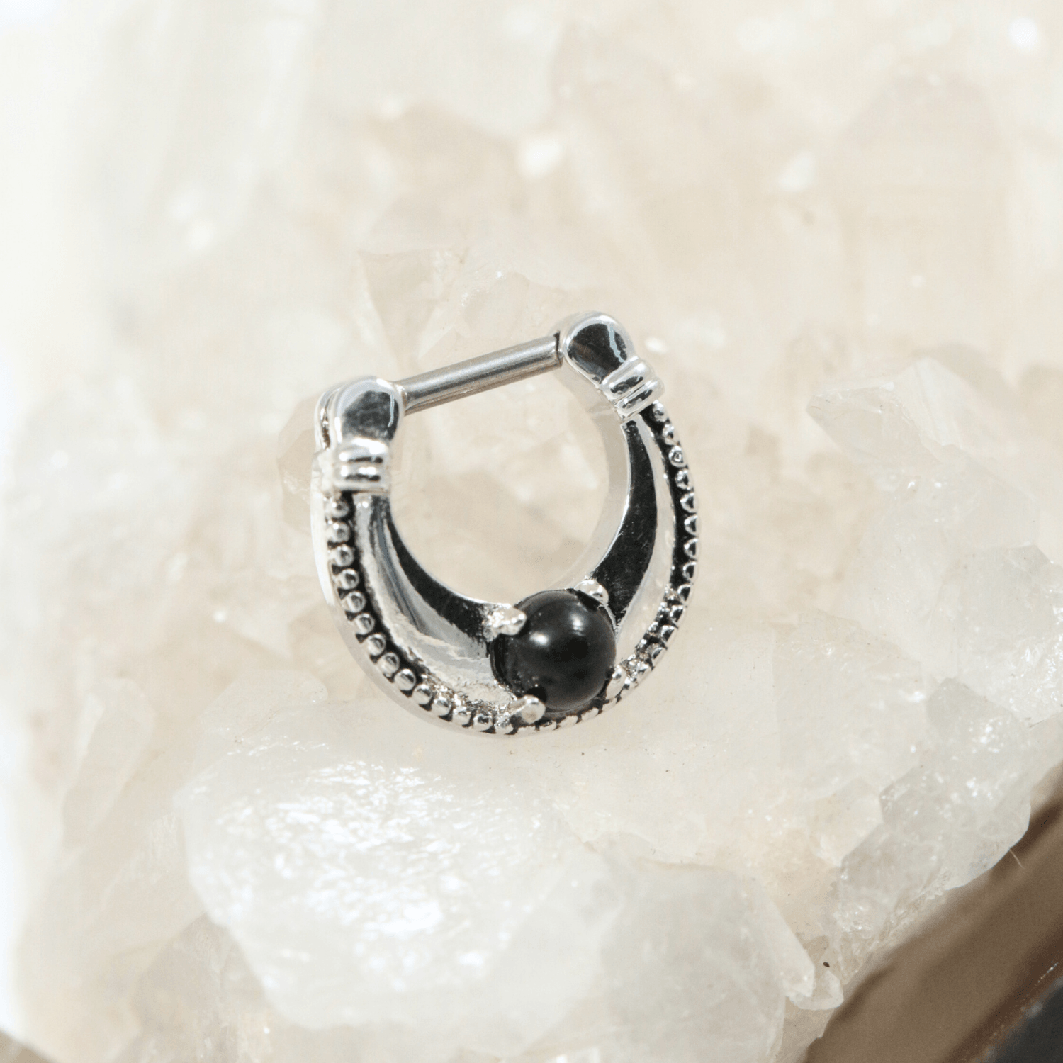 316L Surgical Steel Plain Dotted with Black Stone Jewelled Septum Clicker Ring
