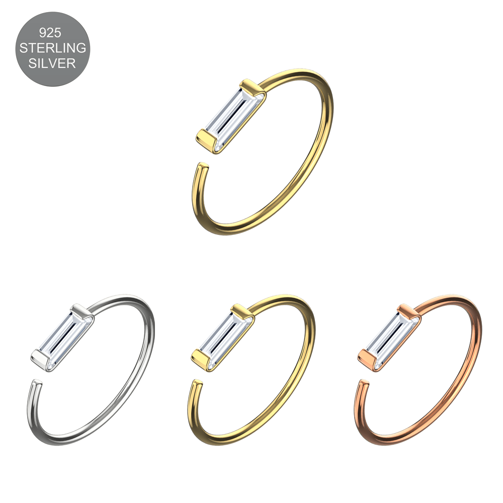 925 Sterling Silver CZ Bar Jewelled Nose Hoop Ring