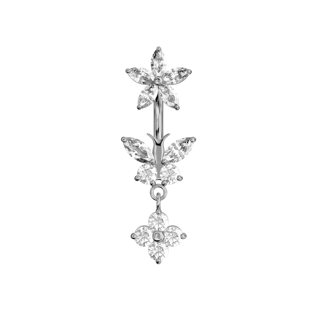 925 Sterling Silver Jewelled Butterfly Dangling Flower Spinal Ring