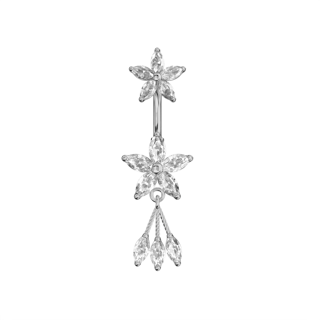 925 Sterling Silver Jewelled Flower Dangling Spinal Ring