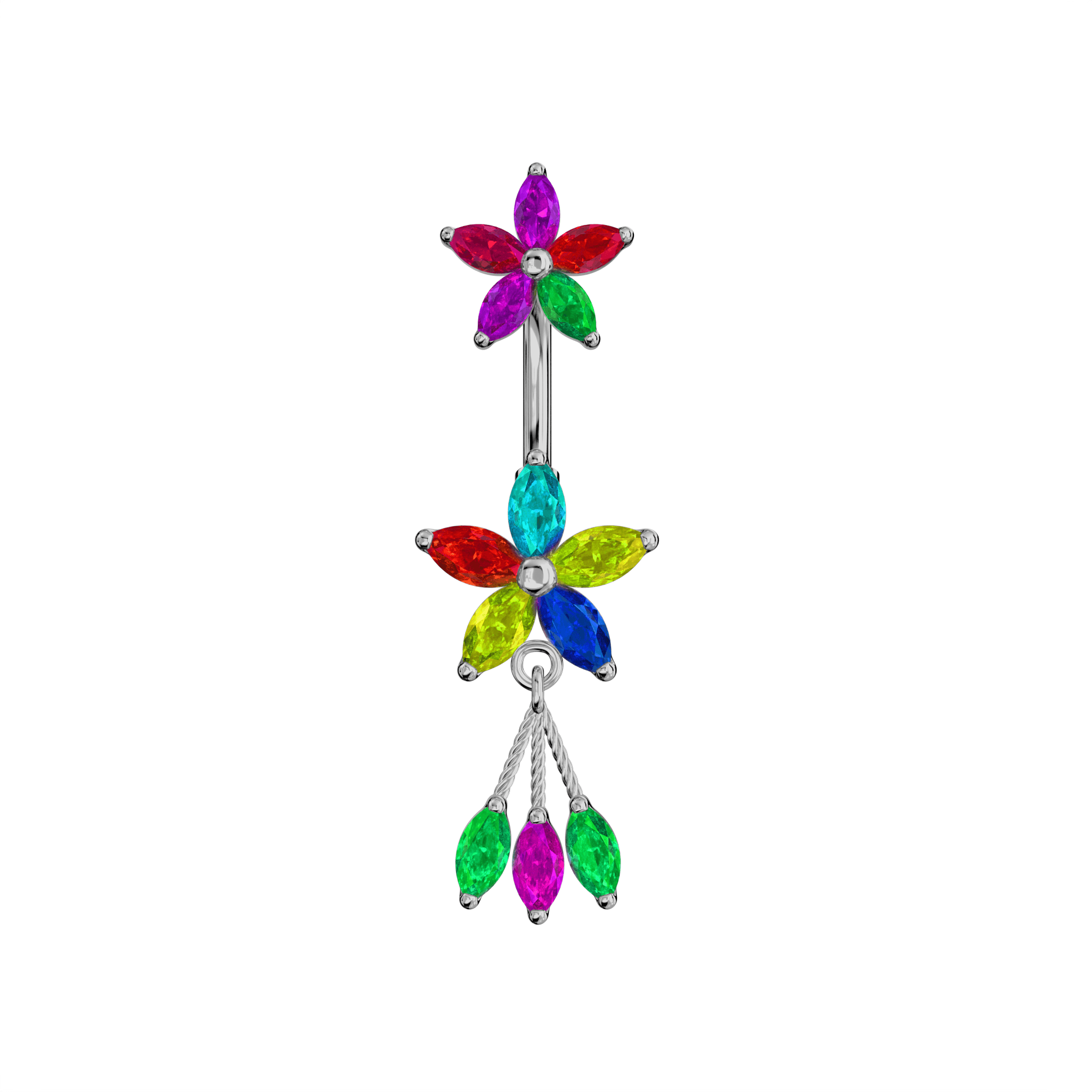 925 Sterling Silver Jewelled Flower Dangling Spinal Ring