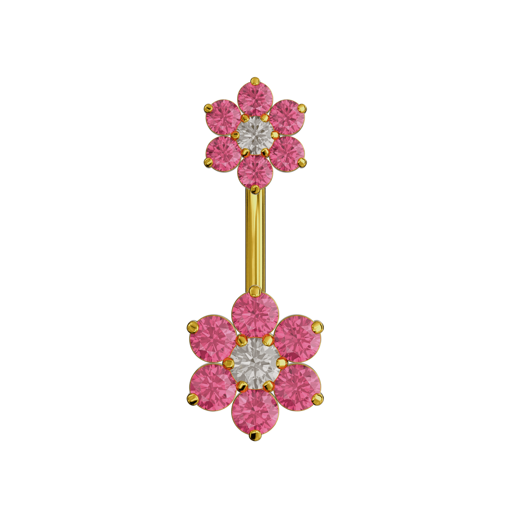 925 Sterling Silver Jewelled Flower Pair Spinal Belly Button Ring
