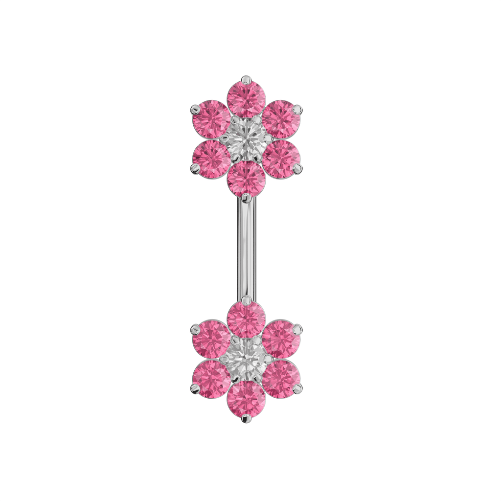 925 Sterling Silver Jewelled Twin Flowers Spinal Belly Button Ring