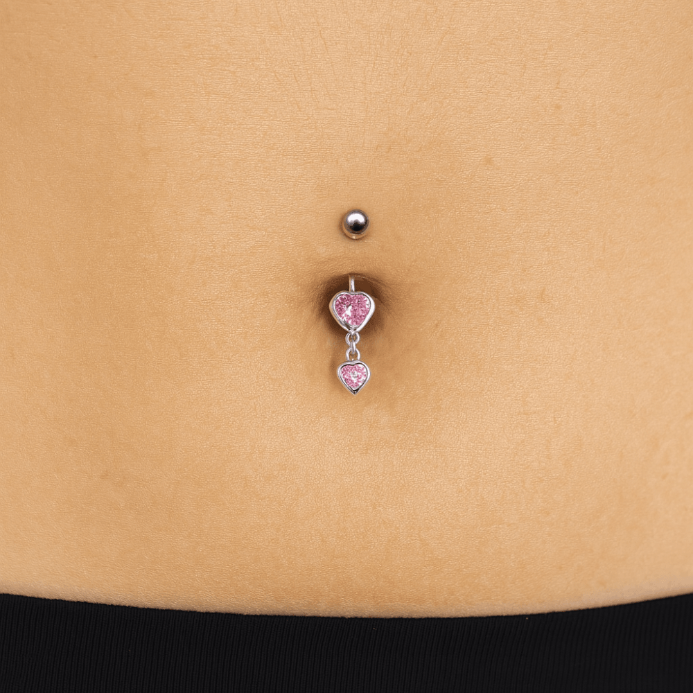 925 Sterling Silver Moving Duel Jewelled Heart Belly Ring
