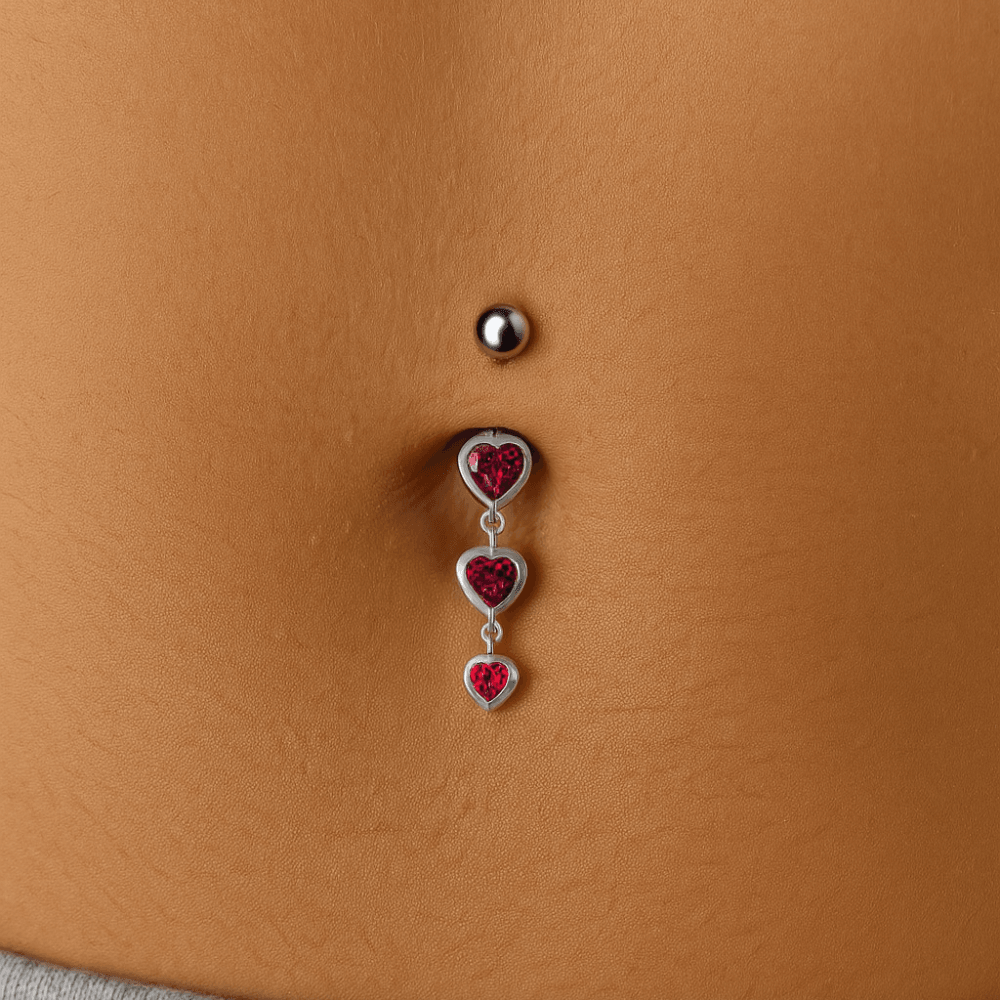 925 Sterling Silver Moving Jewelled Heart Charms Belly Ring