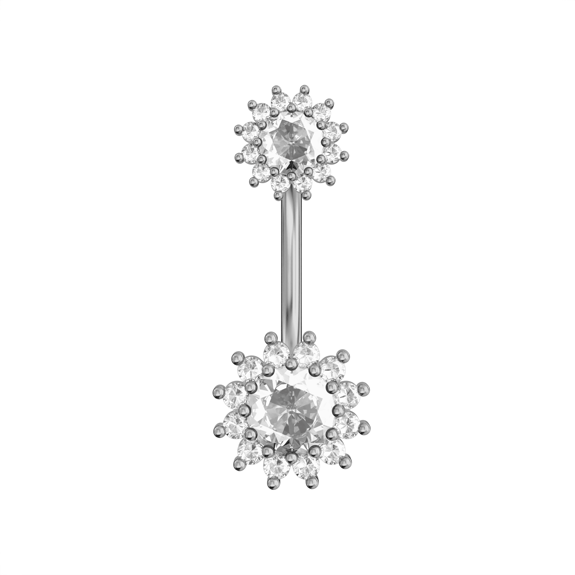 925 Sterling Silver Round CZ Jewelled Double Crystal Flower Non Dangle Belly Button Ring