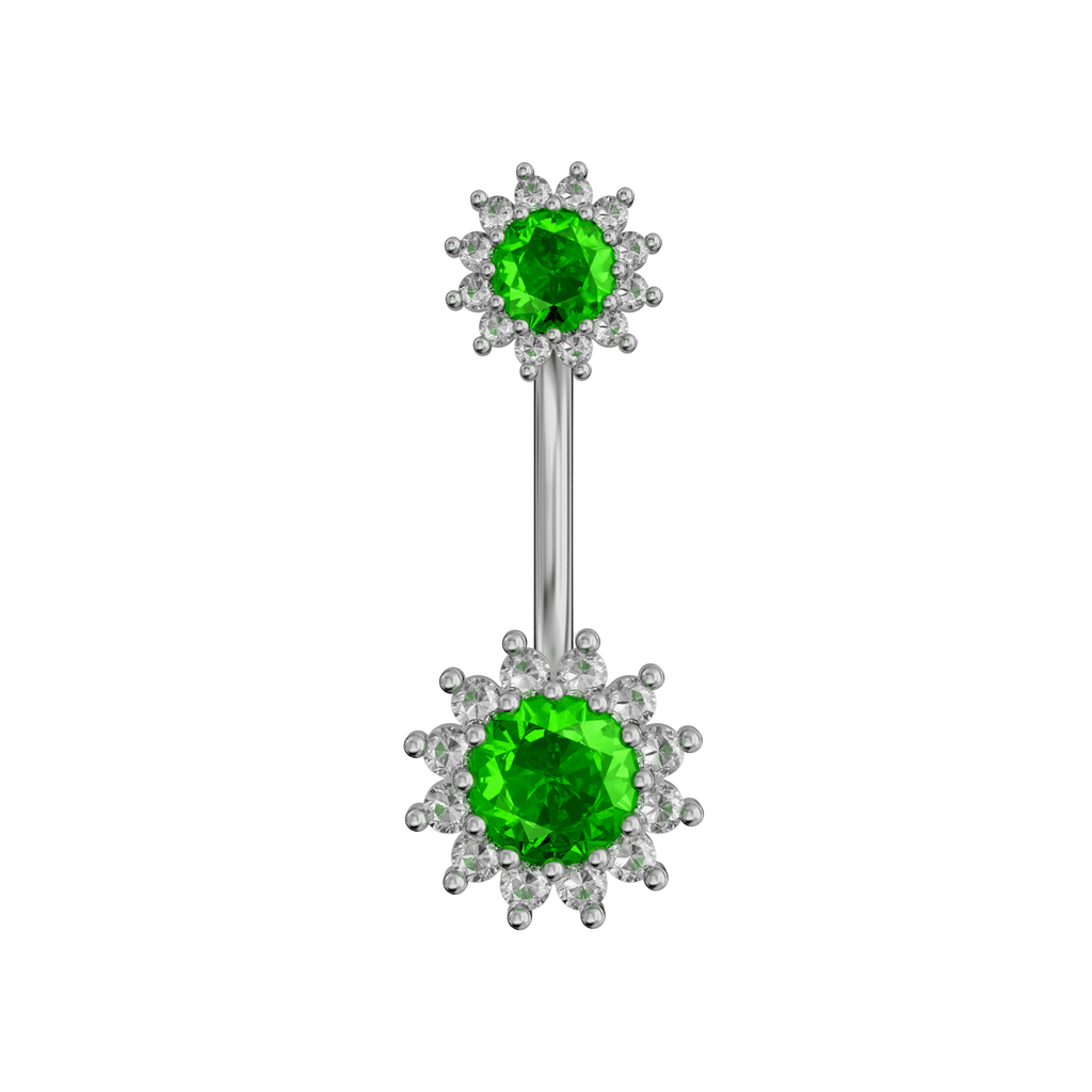 925 Sterling Silver Round CZ Jewelled Double Crystal Flower Non Dangle Belly Button Ring