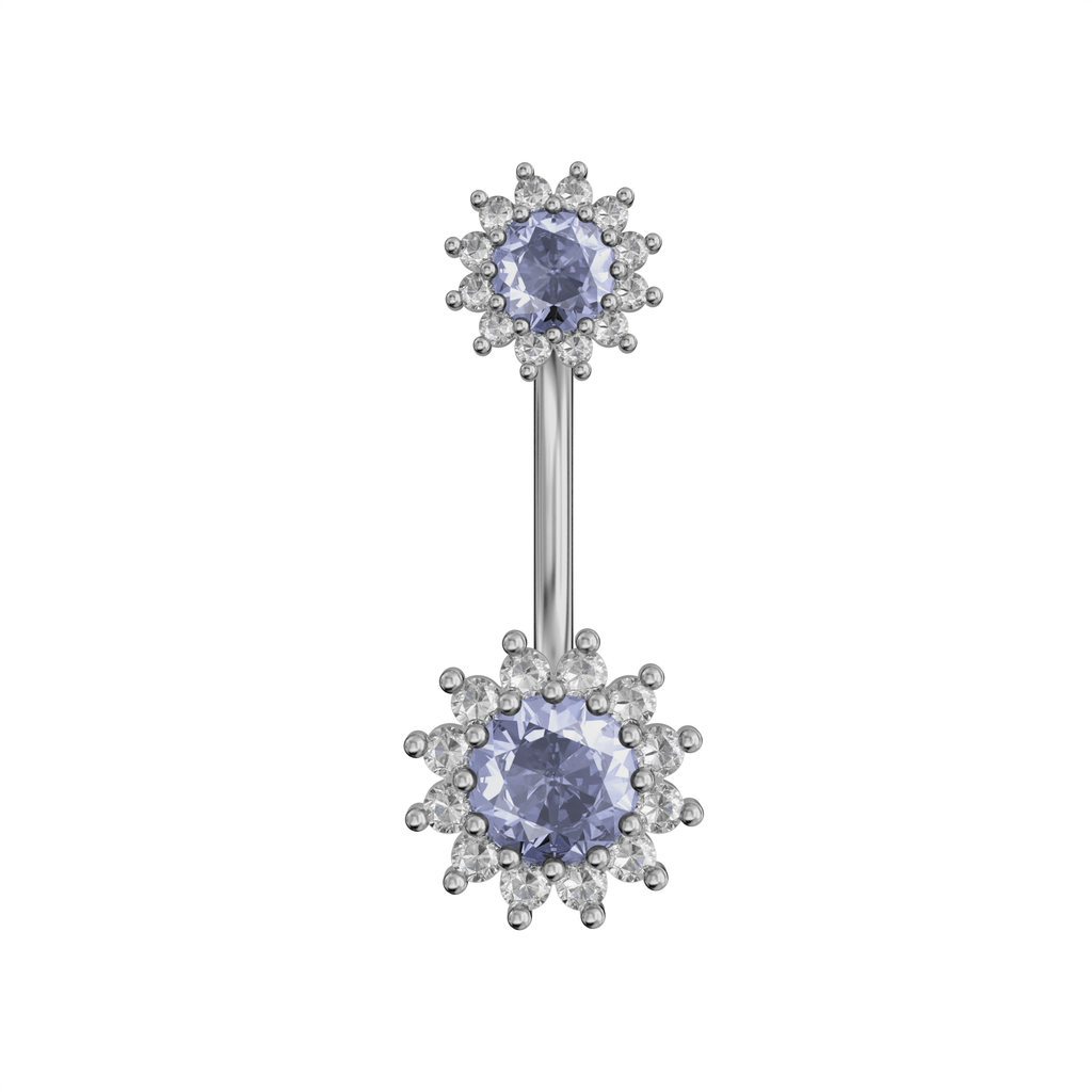 925 Sterling Silver Round CZ Jewelled Double Crystal Flower Non Dangle Belly Button Ring