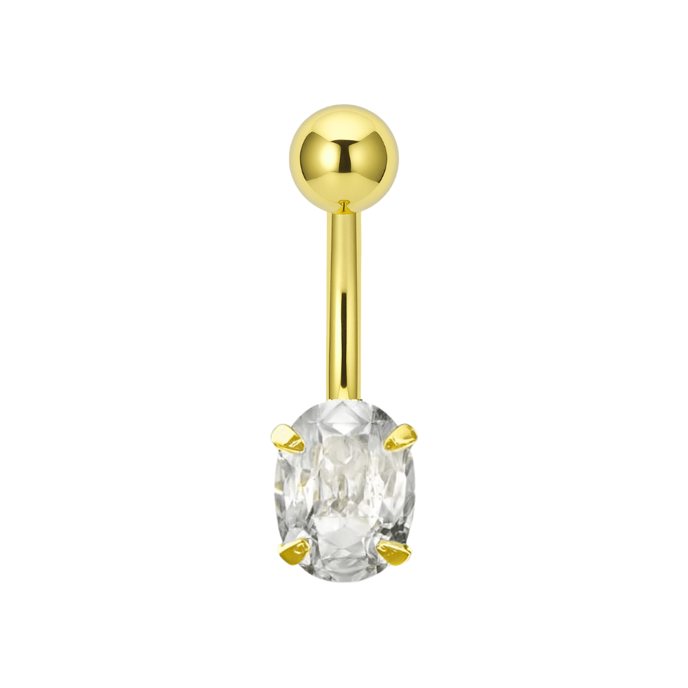 14K Gold Oval CZ Jewelled Internally Threaded Belly Ring