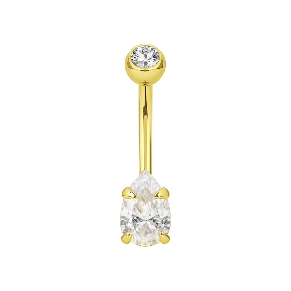 14K Gold Pear Cut CZ Jewelled Internally Threaded Top Ball With CZ Belly Ring