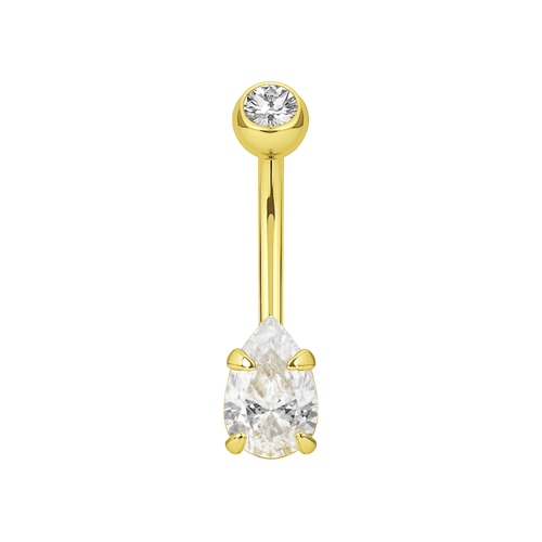 14K Gold Pear Cut CZ Jewelled Internally Threaded Top Ball With CZ Belly Ring