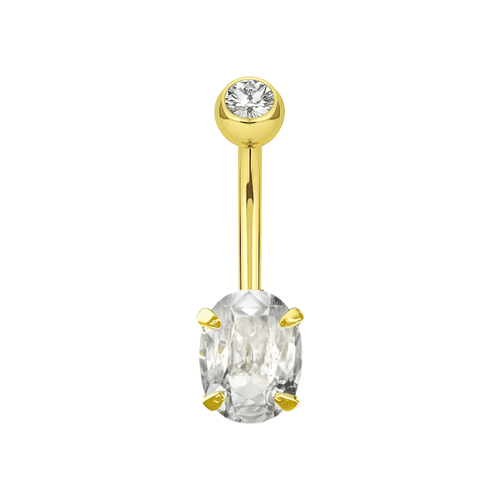 14K Gold Oval Cut CZ Jewelled Internally Threaded Top ball With CZ stone Belly Ring