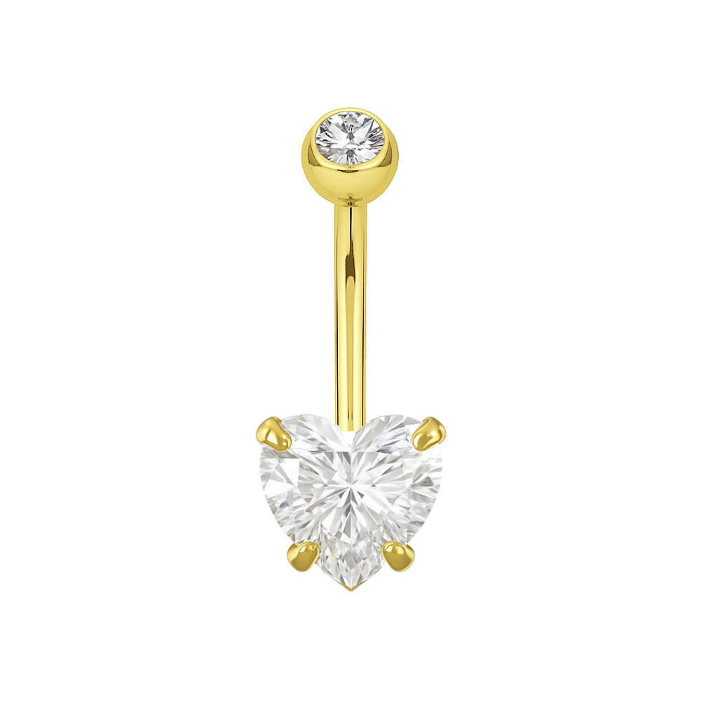 9K Gold Heart Shaped CZ Jewelled Internally Threaded Top Ball With CZ Belly Ring