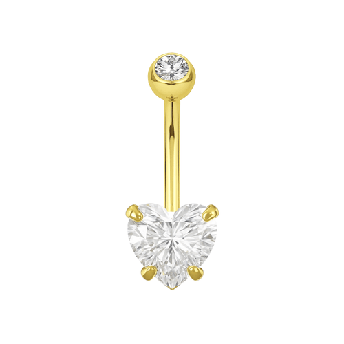 14K Gold Heart Shaped CZ Jewelled Internally Threaded Top Ball With CZ Belly Ring