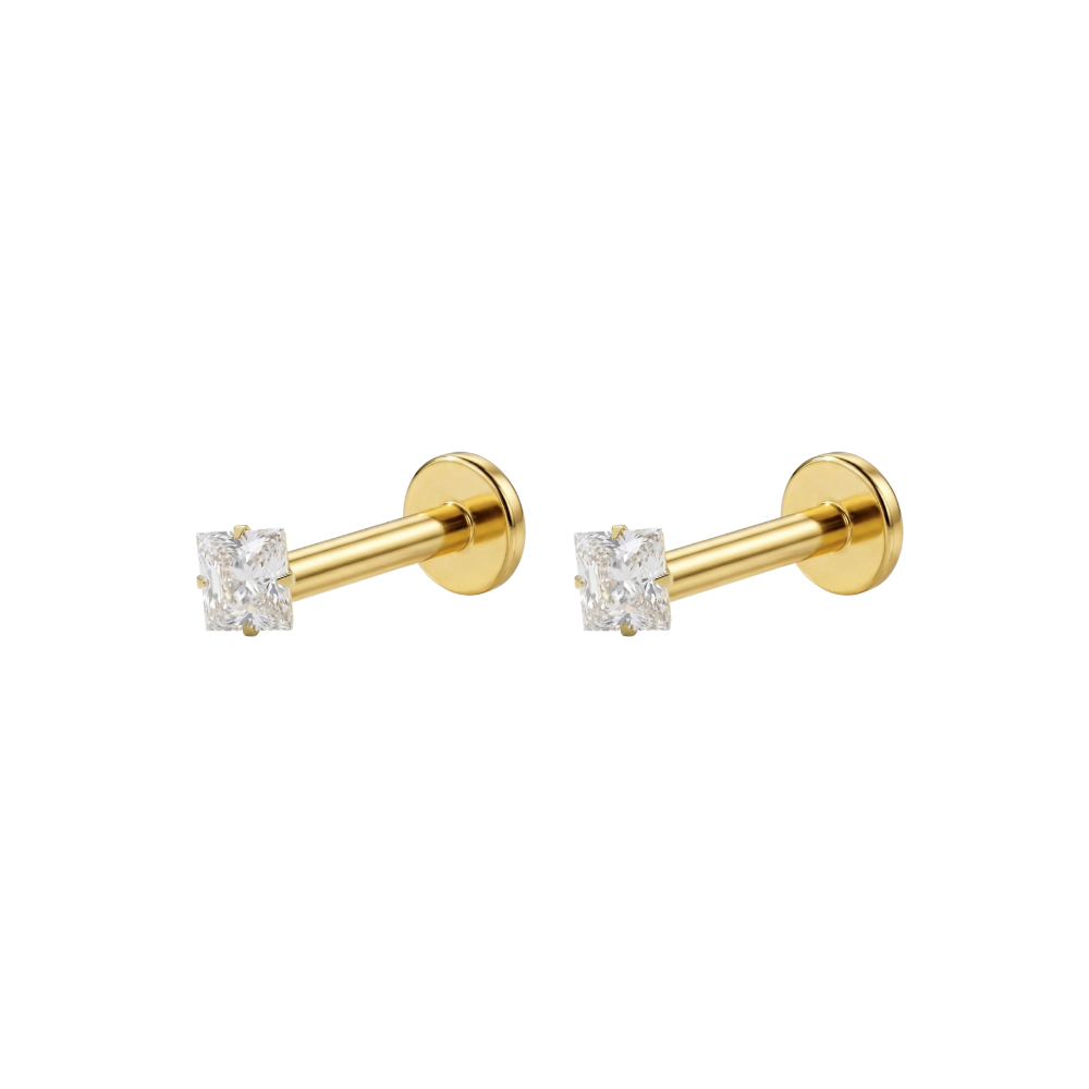 9K Gold Square Cubic Zirconia Jewelled Threadless Flatback Pair