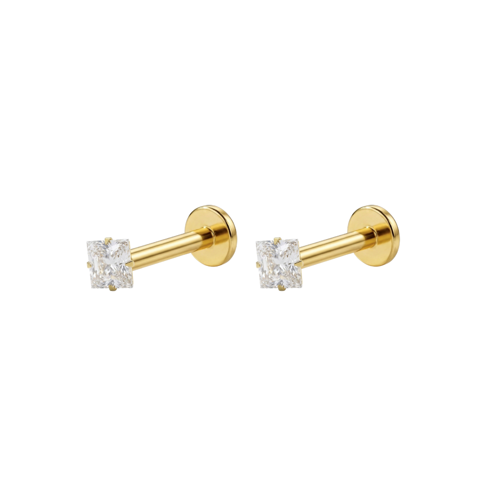 9K Gold Square Cubic Zirconia Jewelled Threadless Flatback Pair