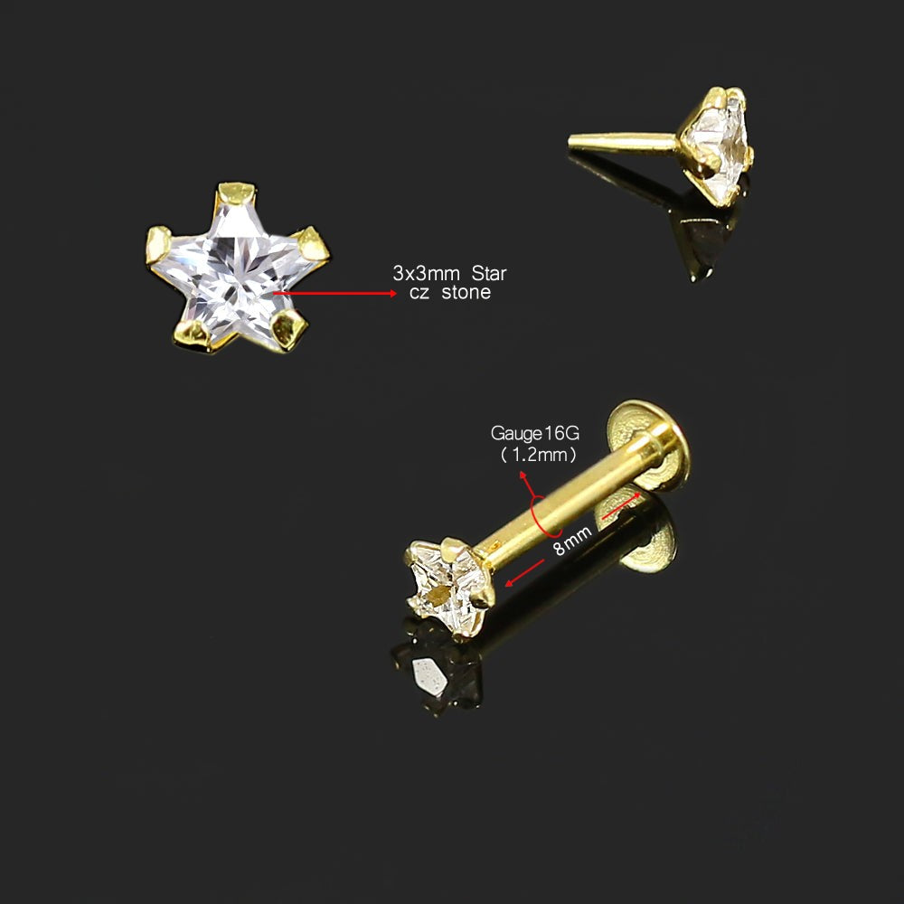 9K Gold Star Cut Cubic Zirconia Threadless Labret Stud