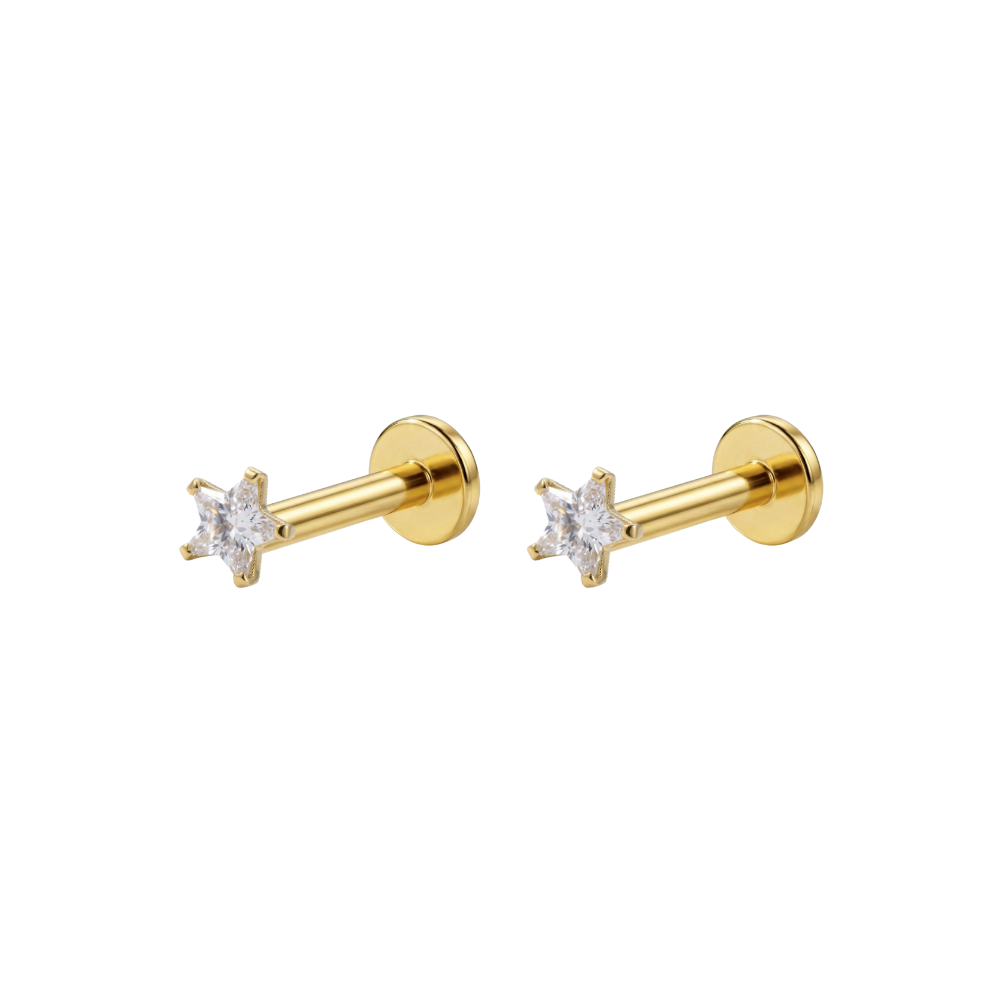 9K Gold Star Cut Cubic Zirconia Threadless Labret Pair