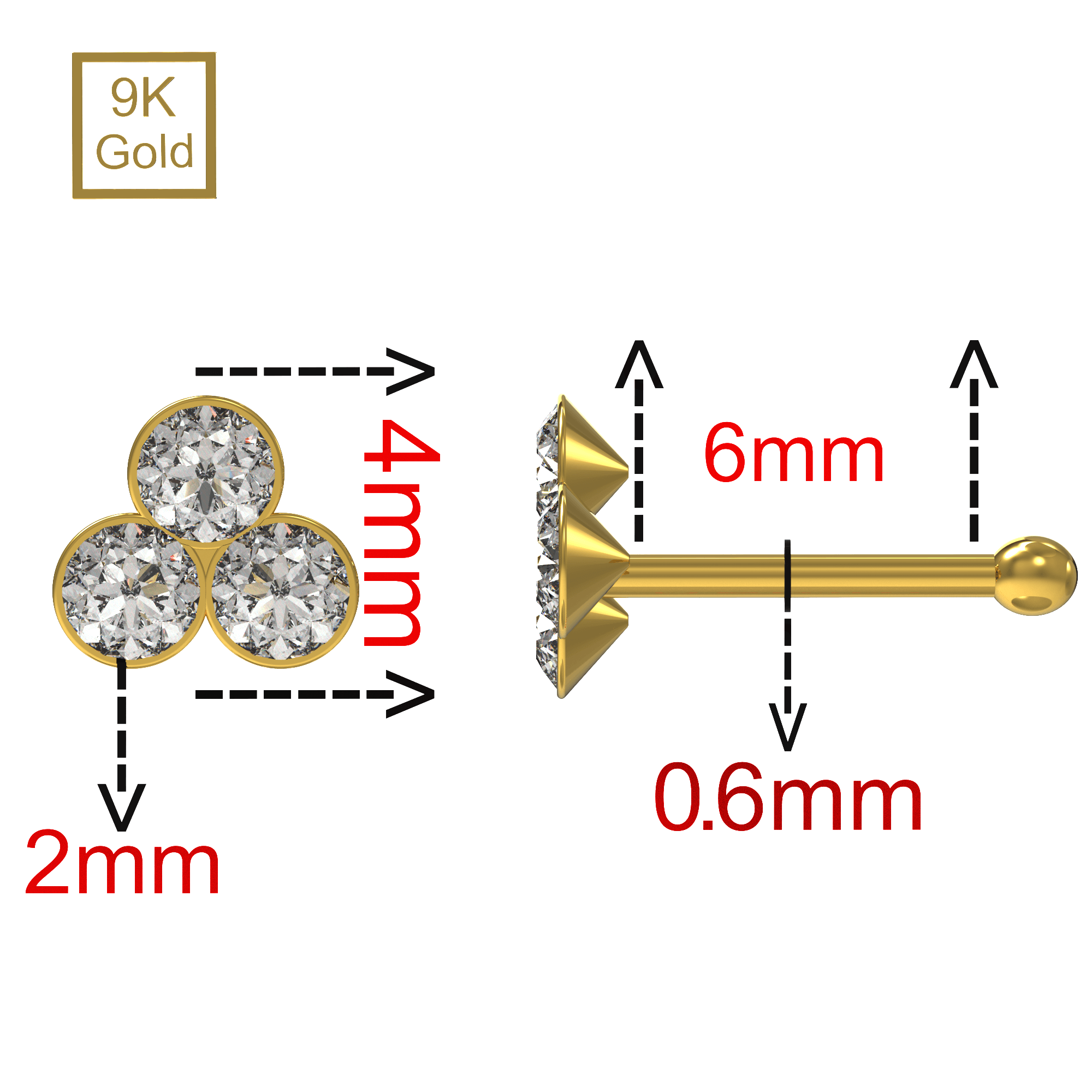 9K Gold Triple Stone Nose Bone