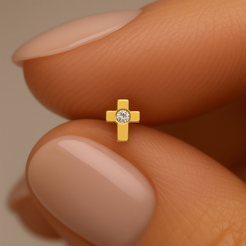 9K Gold Cubic Zirconia Jewelled Cross Design Nose Bone