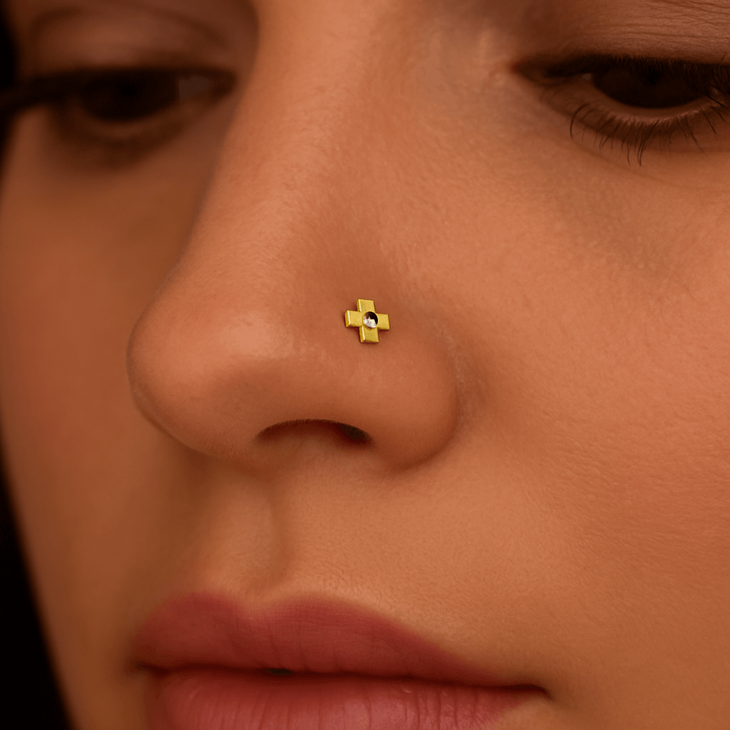 9K Gold Cubic Zirconia Jewelled Cross Nose Bone